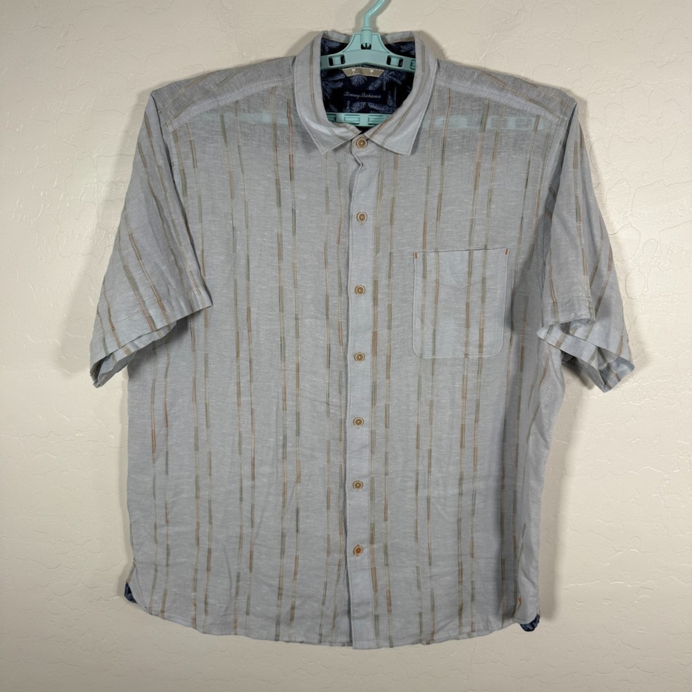 Tommy Bahama Shirt Mens XL Blue Linen Blend Hawaiian Camp Button Up Striped